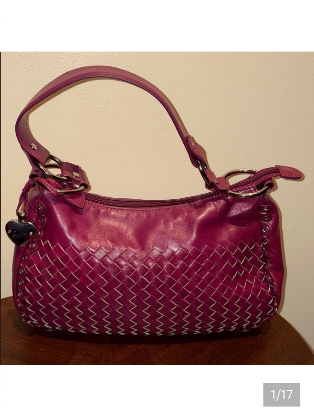 Sharif shoulder bag Satchel Woven Leather dark magenta scallop/ studs edges